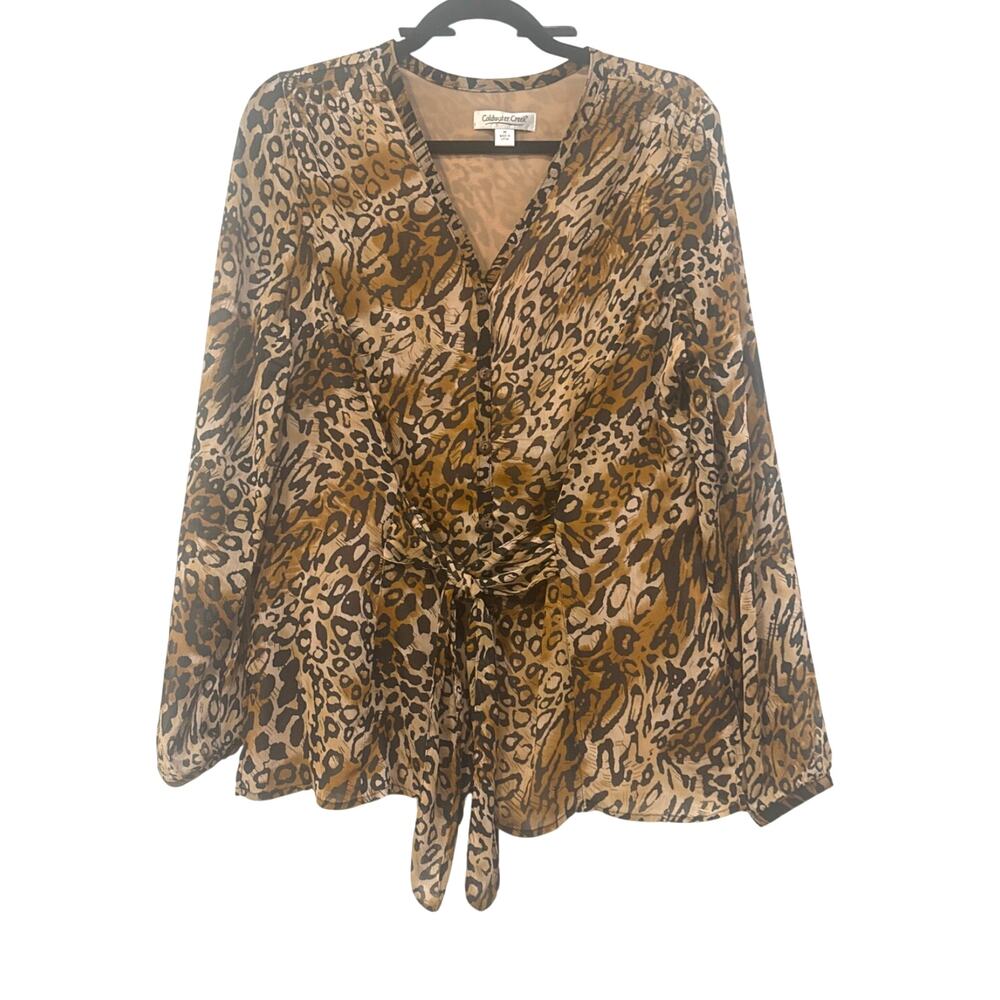 ColdWater Creek Brown Leopard/ Animal Print Button Up Blouse with Front Tie
